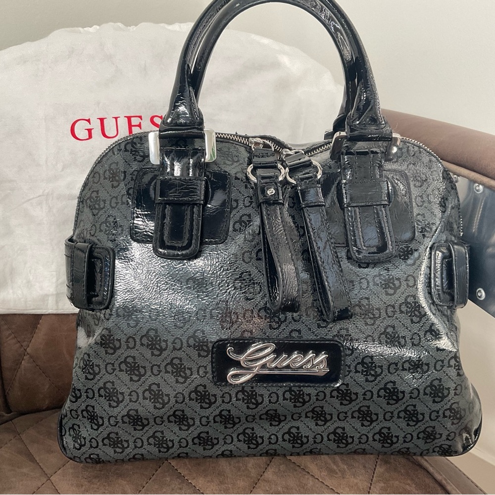 Guess Glossy Black Satchel Bag
